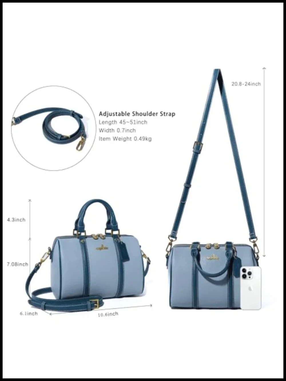 Vegan Leather Boston Barrel Satchel Purse with Crossbody Strap